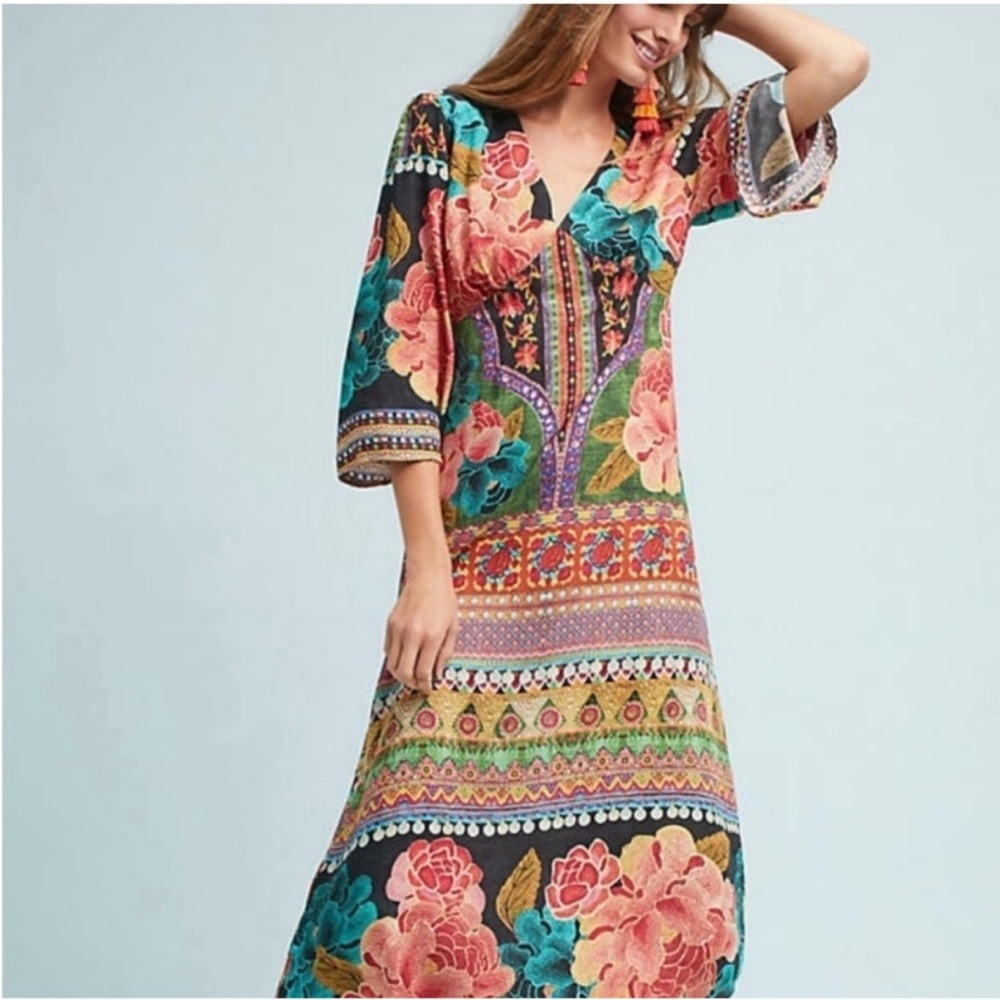 ANTHROPOLOGIE Farm Rio Rosario Colorful Vibrant Maxi Dress Bell Sleeves